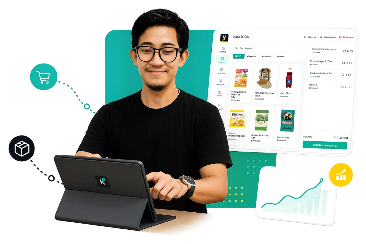 Pemilik usaha menggunakan aplikasi kasir Kaspoint di tablet