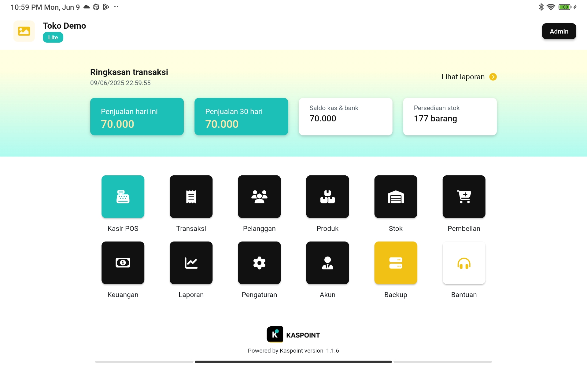 Dashboard Kaspoint di Tablet - Tampilan Lengkap